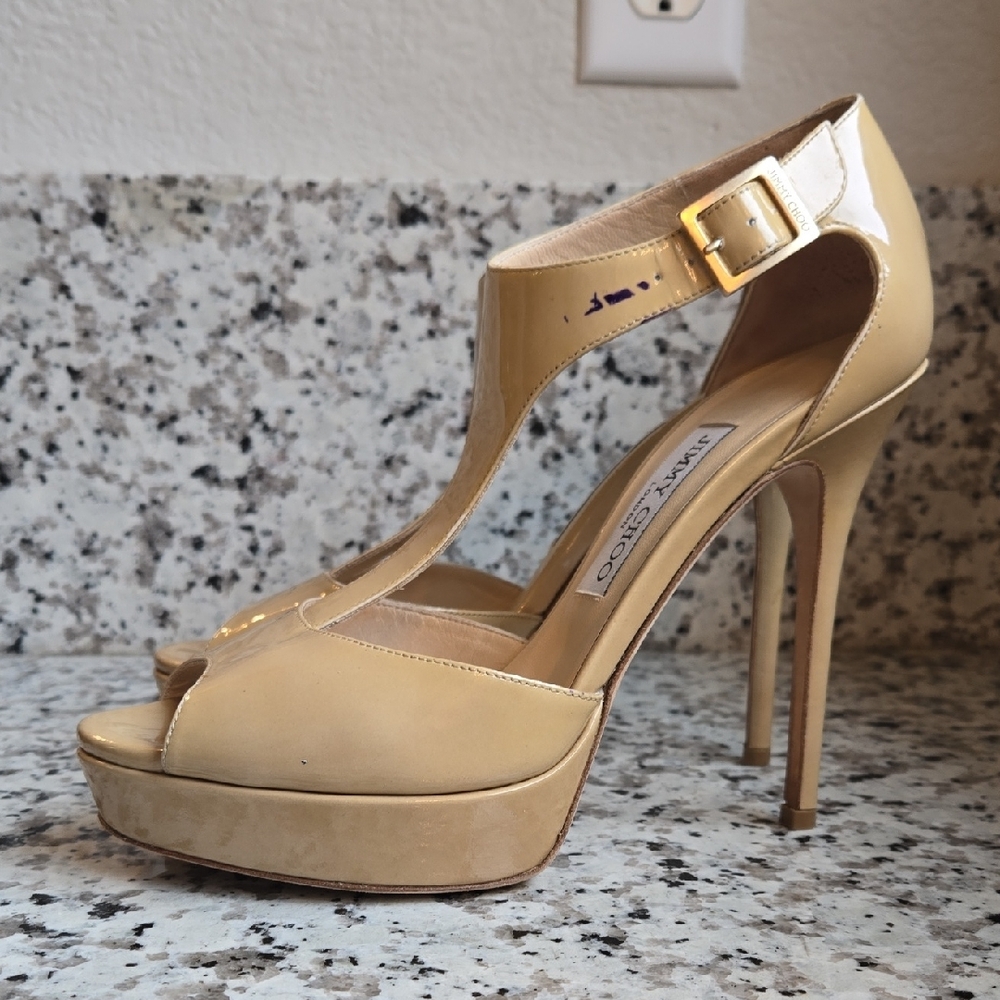 Jimmy Choo Patent Leather Totem T-Strap Platform Stilettos  EU Sz 38.5 - Picture 5 of 16
